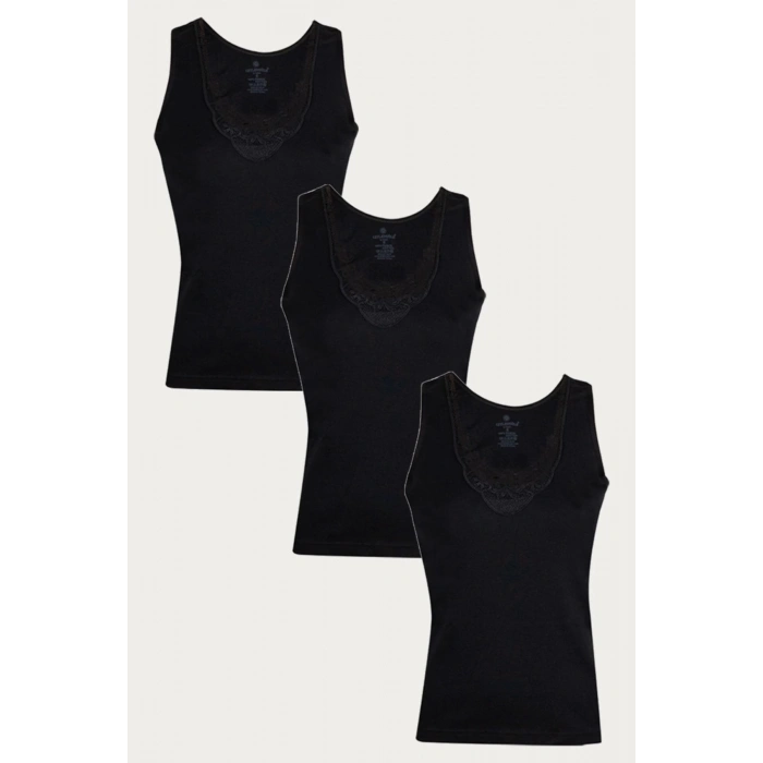 Kadın Siyah Güpürlü Geniş Askılı Atlet 3lü Paket 166