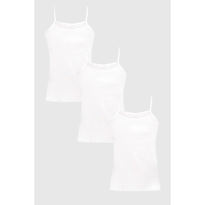 3lü Beyaz Ribana Dantelli Ip Askılı Kadın Atlet