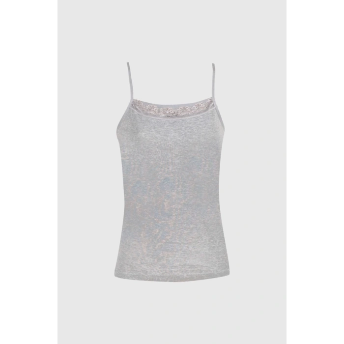 3lü Gri Ribana Dantelli Ip Askılı Kadın Atlet