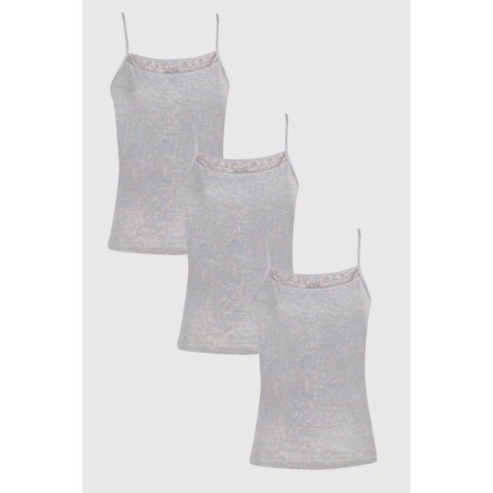 3lü Gri Ribana Dantelli Ip Askılı Kadın Atlet