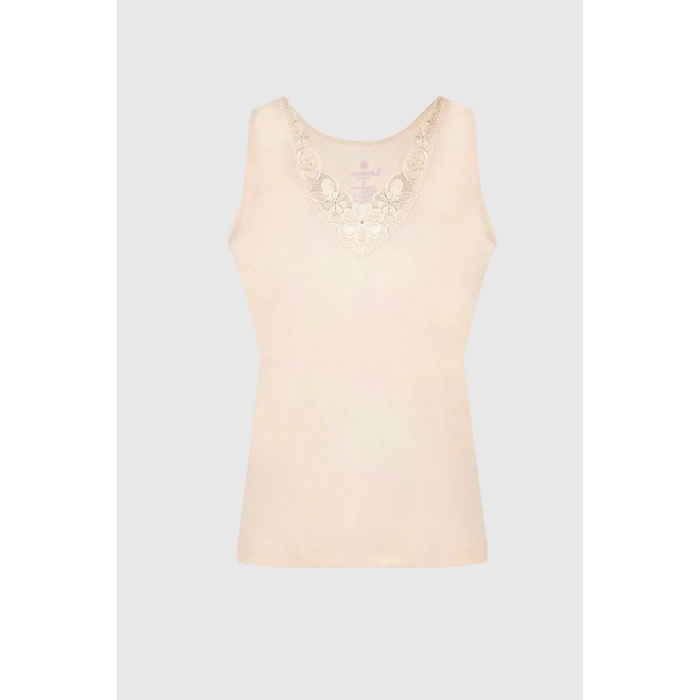 Kadın Bej Güpürlü Geniş Askılı Atlet 6lı Paket