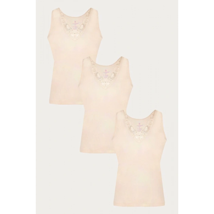 Kadın Bej Güpürlü Geniş Askılı Atlet 3 Lü Paket 1666