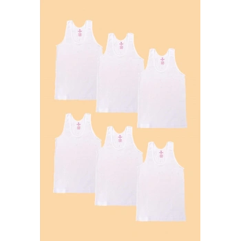 Kız Çoçuk Beyaz Ribana Saten Geniş Askılı Atlet 6lı Paket