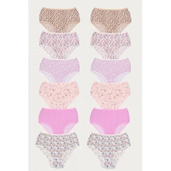 Kadın Pembe Desenli Likralı Empirme Külot 12li Paket