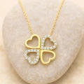 14K Solid Gold Double Heart Clover Necklace