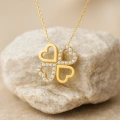 14K Solid Gold Double Heart Clover Necklace