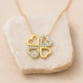 14K Solid Gold Double Heart Clover Necklace