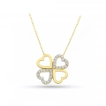 14K Solid Gold Double Heart Clover Necklace