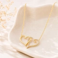 14K Solid Gold Double Heart Necklace, Elegant and Meaningful Two-Heart Necklace for Couples