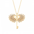 14K Gold Winged Heart Key Necklace, Angel Wing Jewelry