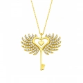 14K Gold Winged Heart Key Necklace, Angel Wing Jewelry