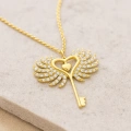 14K Gold Winged Heart Key Necklace, Angel Wing Jewelry