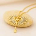 14K Gold Winged Heart Key Necklace, Angel Wing Jewelry