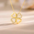 14K Solid Gold Double Heart Clover Necklace
