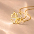 14K Solid Gold Double Heart Clover Necklace