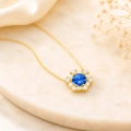 14K Solid Gold Blue Sapphire Necklace, Baguette Cut Gold Necklace