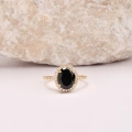 Black Onyx Solitaire Gold Ring, Natural Onyx Gold Jewelry, 14K Gold Engagement Ring, Birthstone Band