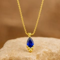 14K Gold Sapphire Tiny Necklace, Minimal Teardrop Necklace