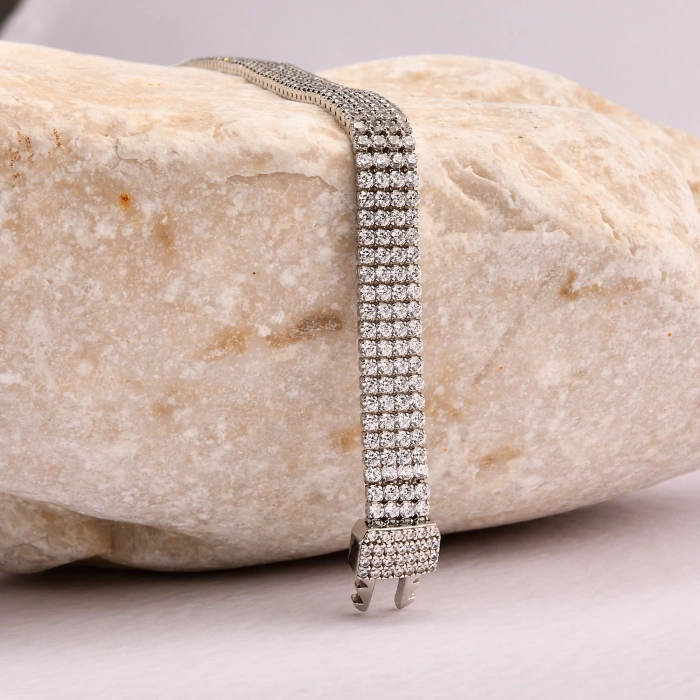 14K Gold 4-Row Chain Bracelet, Elegant Cubic Zircon Bracelet