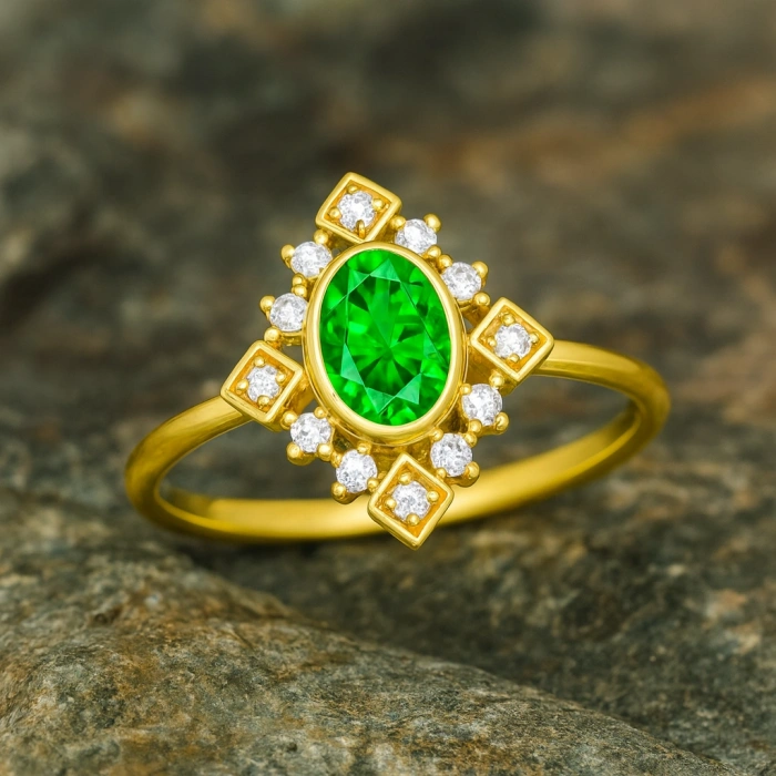14 Ayar Altın Vintage Dizayn Zümrüt Yüzük