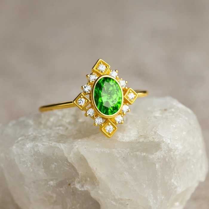 14 Ayar Altın Vintage Dizayn Zümrüt Yüzük