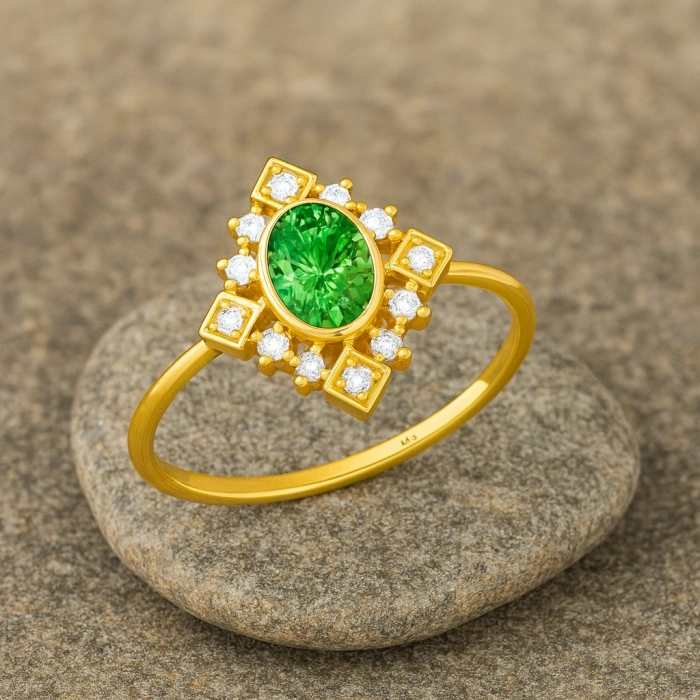 14 Ayar Altın Vintage Dizayn Zümrüt Yüzük