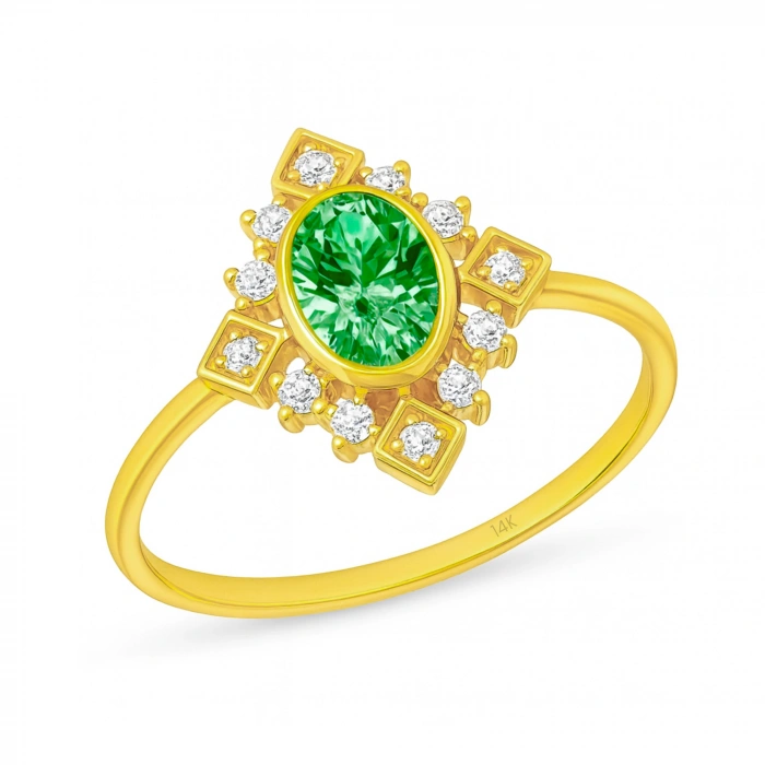 14 Ayar Altın Vintage Dizayn Zümrüt Yüzük