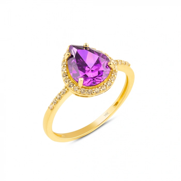 14K Solid Gold Pear Cut Amethyst Ring
