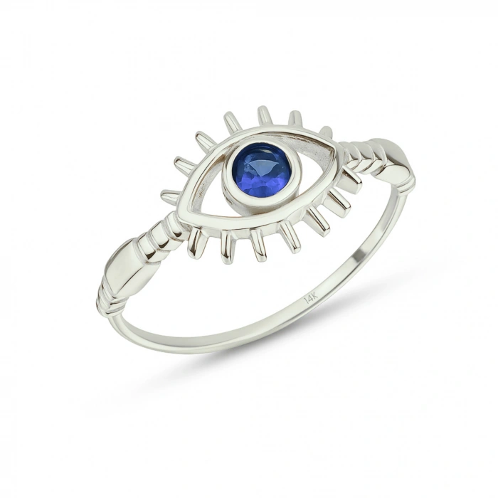 14K Solid Gold Blue Sapphire Eye Ring, Elegant Protective and Lucky Gold Ring
