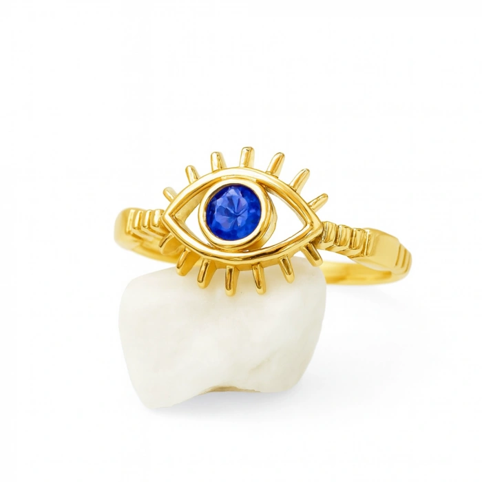 14K Solid Gold Blue Sapphire Eye Ring, Elegant Protective and Lucky Gold Ring