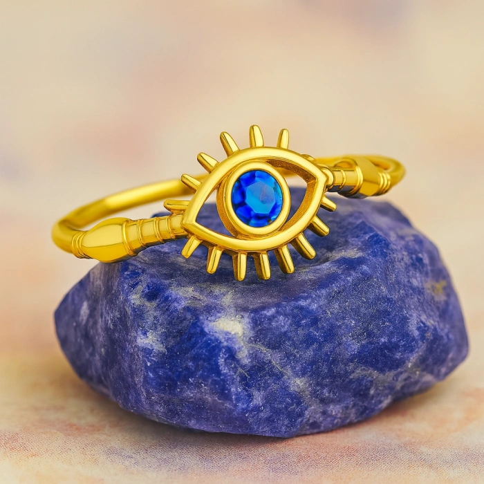 14K Solid Gold Blue Sapphire Eye Ring, Elegant Protective and Lucky Gold Ring