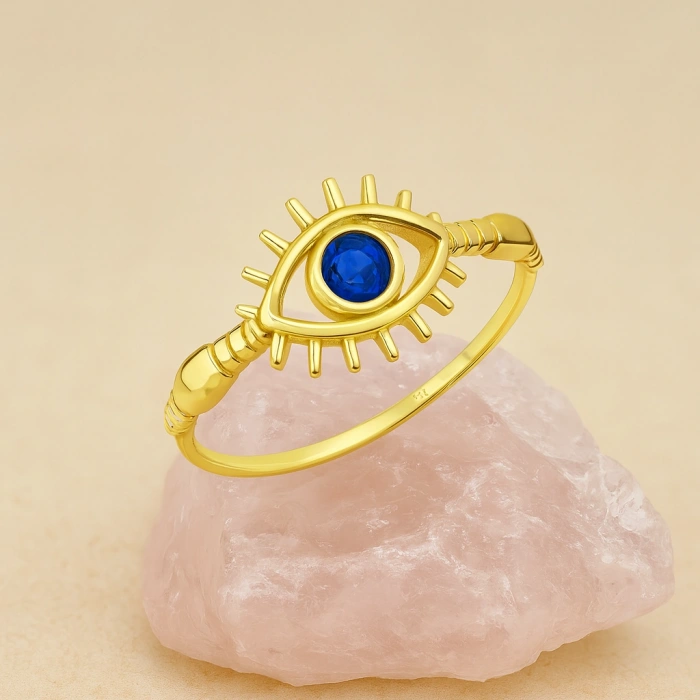 14K Solid Gold Blue Sapphire Eye Ring, Elegant Protective and Lucky Gold Ring