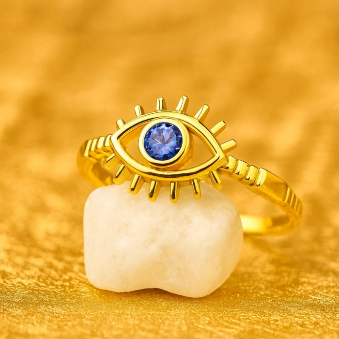 14K Solid Gold Blue Sapphire Eye Ring, Elegant Protective and Lucky Gold Ring