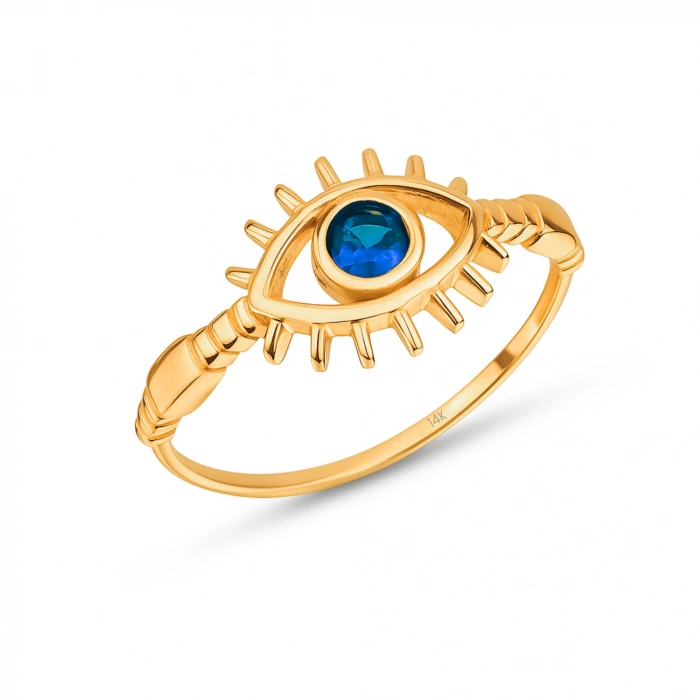 14K Solid Gold Blue Sapphire Eye Ring, Elegant Protective and Lucky Gold Ring