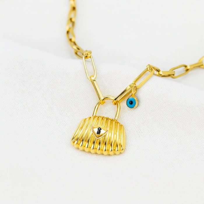 14 Ayar Altın Ataç Zincirli Nazarlık Kilit Kolye