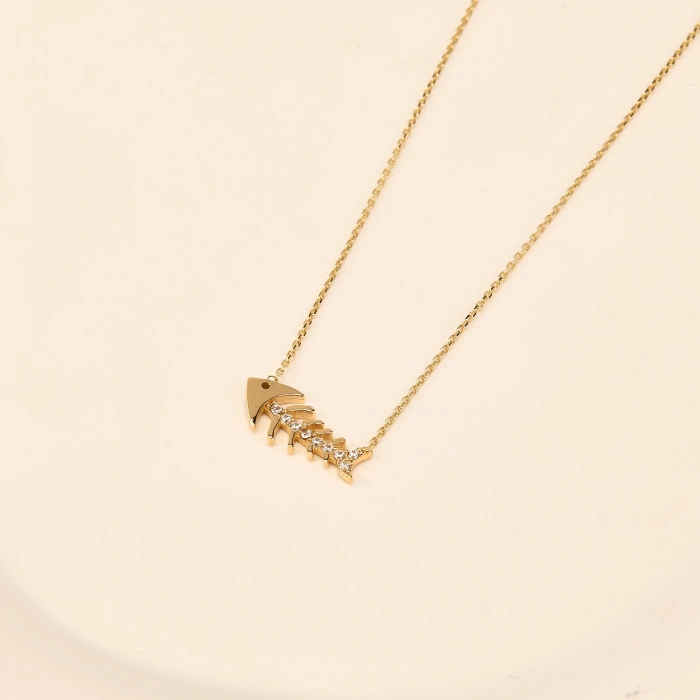 14K Gold Fish Necklace, Elegant Gold Necklace, Minimalist Fishbone Necklace