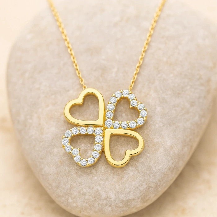 14K Solid Gold Double Heart Clover Necklace