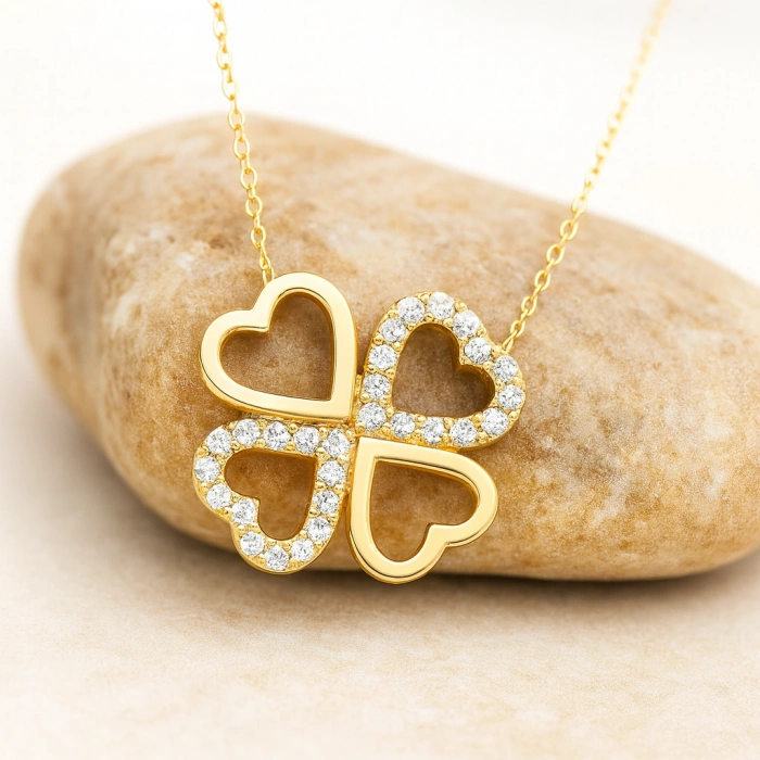 14K Solid Gold Double Heart Clover Necklace