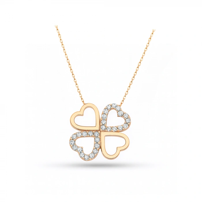 14K Solid Gold Double Heart Clover Necklace