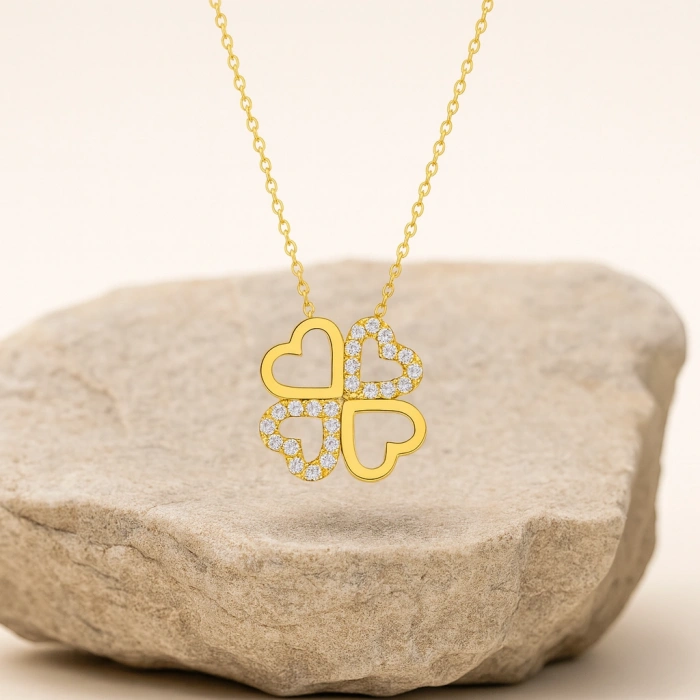14K Solid Gold Double Heart Clover Necklace