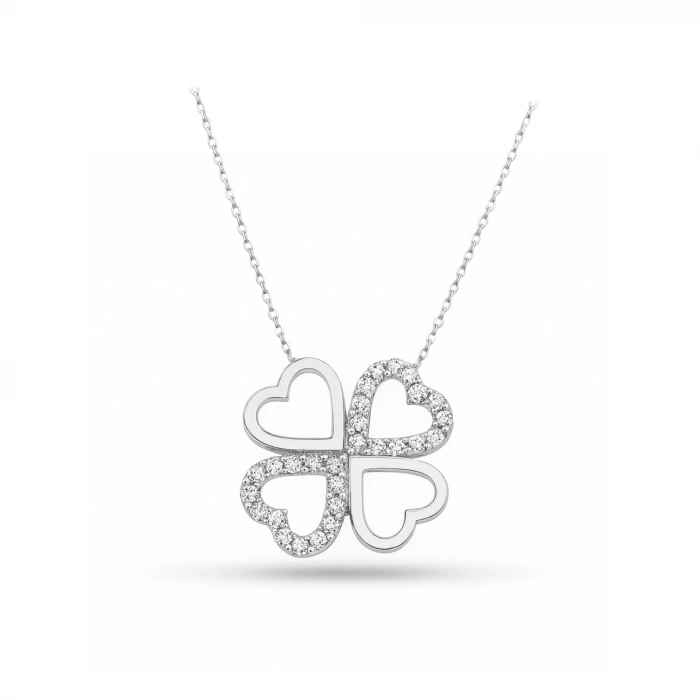 14K Solid Gold Double Heart Clover Necklace