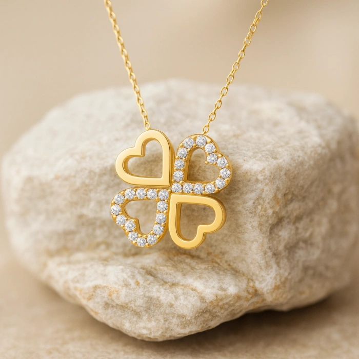 14K Solid Gold Double Heart Clover Necklace