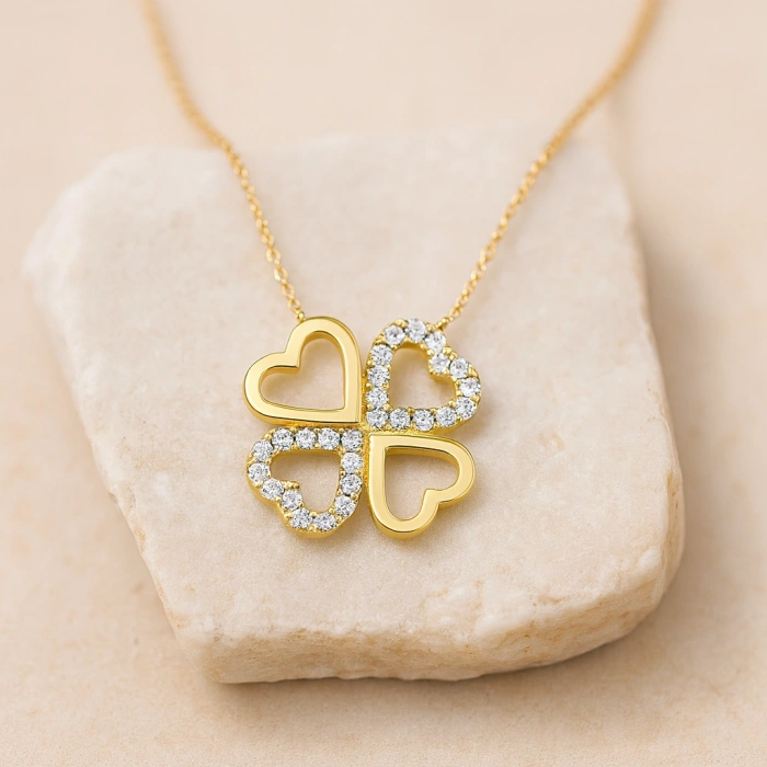14K Solid Gold Double Heart Clover Necklace