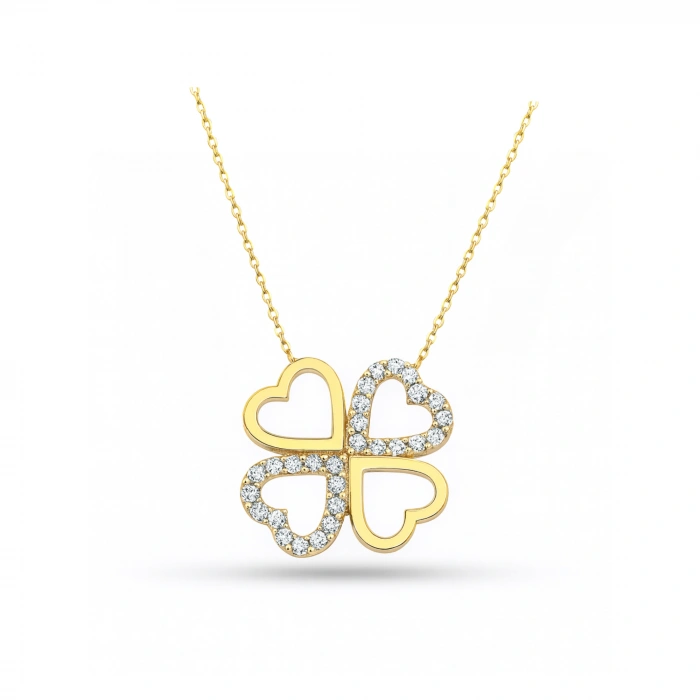 14K Solid Gold Double Heart Clover Necklace