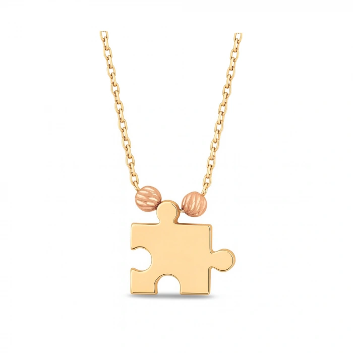 14 Ayar Altın Dorika Detaylı Puzzle Kolye