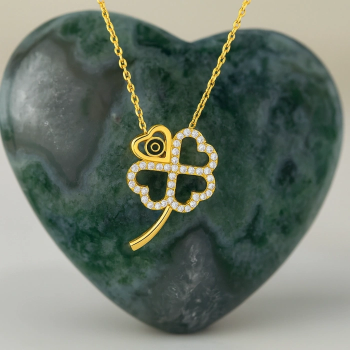 14 Ayar Altın Dört Yapraklı Yonca Kolye, Nazar Boncuklu Çiçek kolye