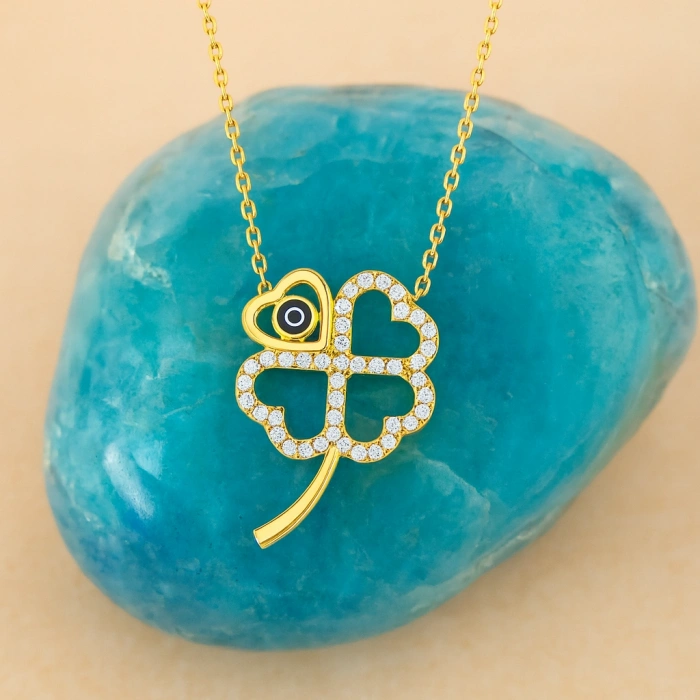 14 Ayar Altın Dört Yapraklı Yonca Kolye, Nazar Boncuklu Çiçek kolye