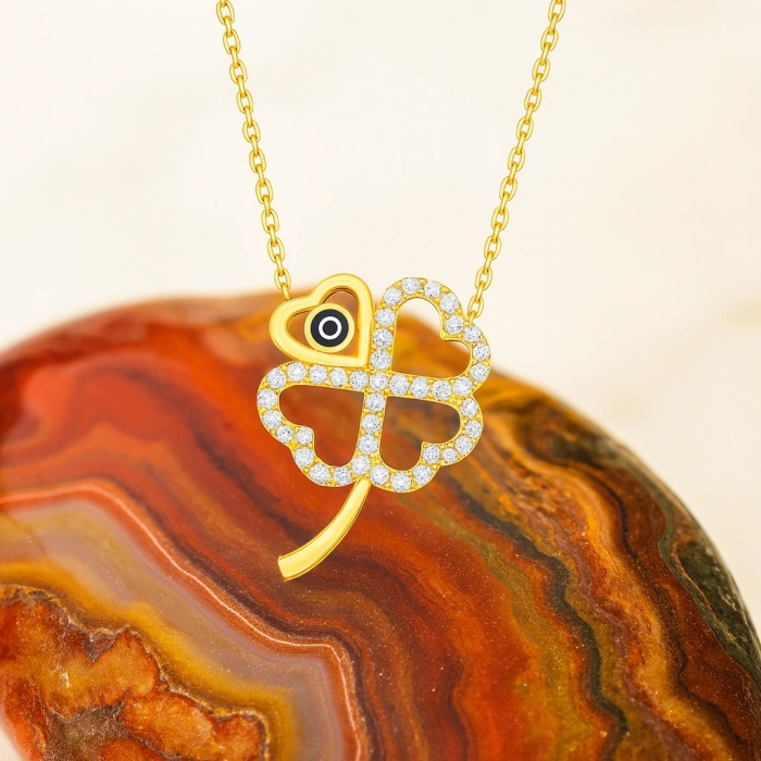 14 Ayar Altın Dört Yapraklı Yonca Kolye, Nazar Boncuklu Çiçek kolye