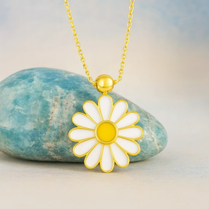 14 Ayar Altın Beyaz Papatya Kolye