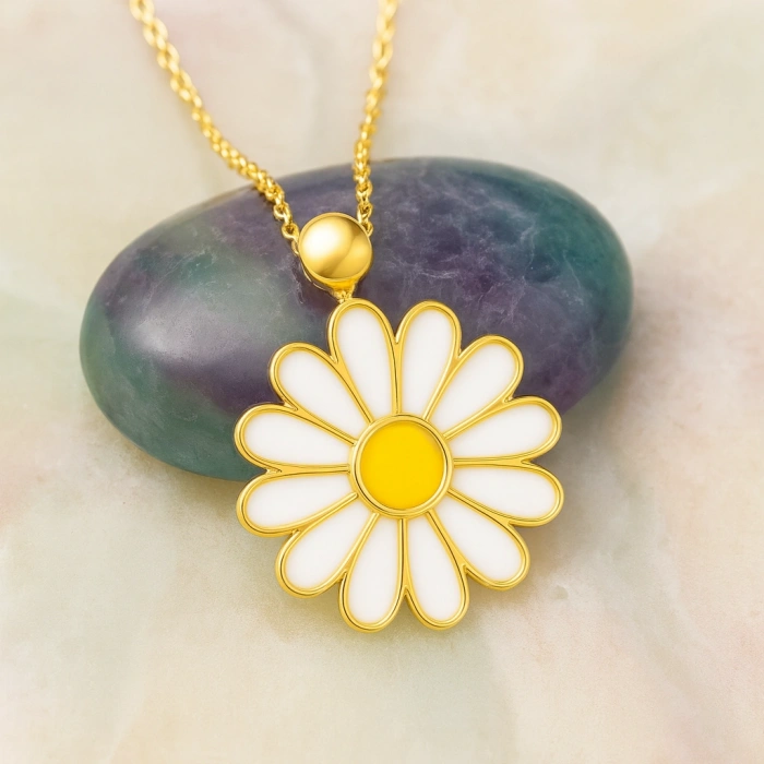 14 Ayar Altın Beyaz Papatya Kolye